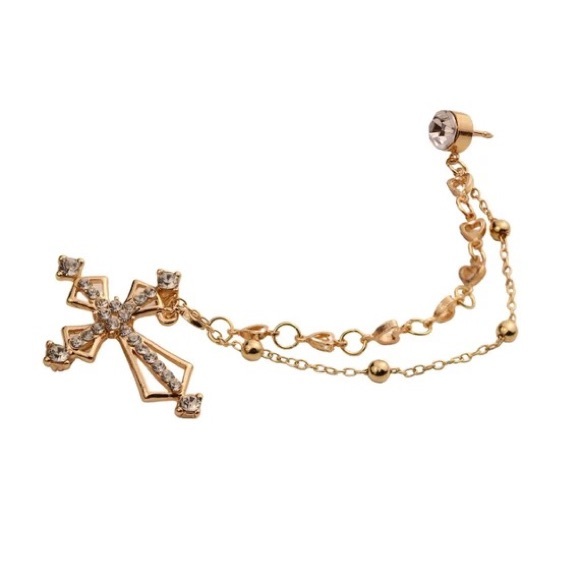 British Style Vintage Crystal Cross Brooch Pin Double Chain Lapel Pins - Picture 3 of 6